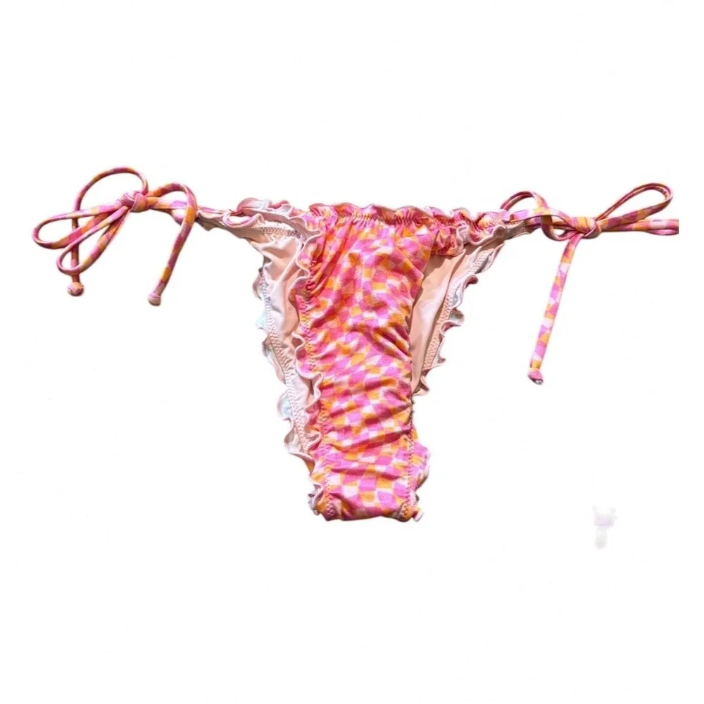 L*Space Roger Bottom Bitsy Bikini‎ Pink Orange Checkered Ruffle Side Tie Small